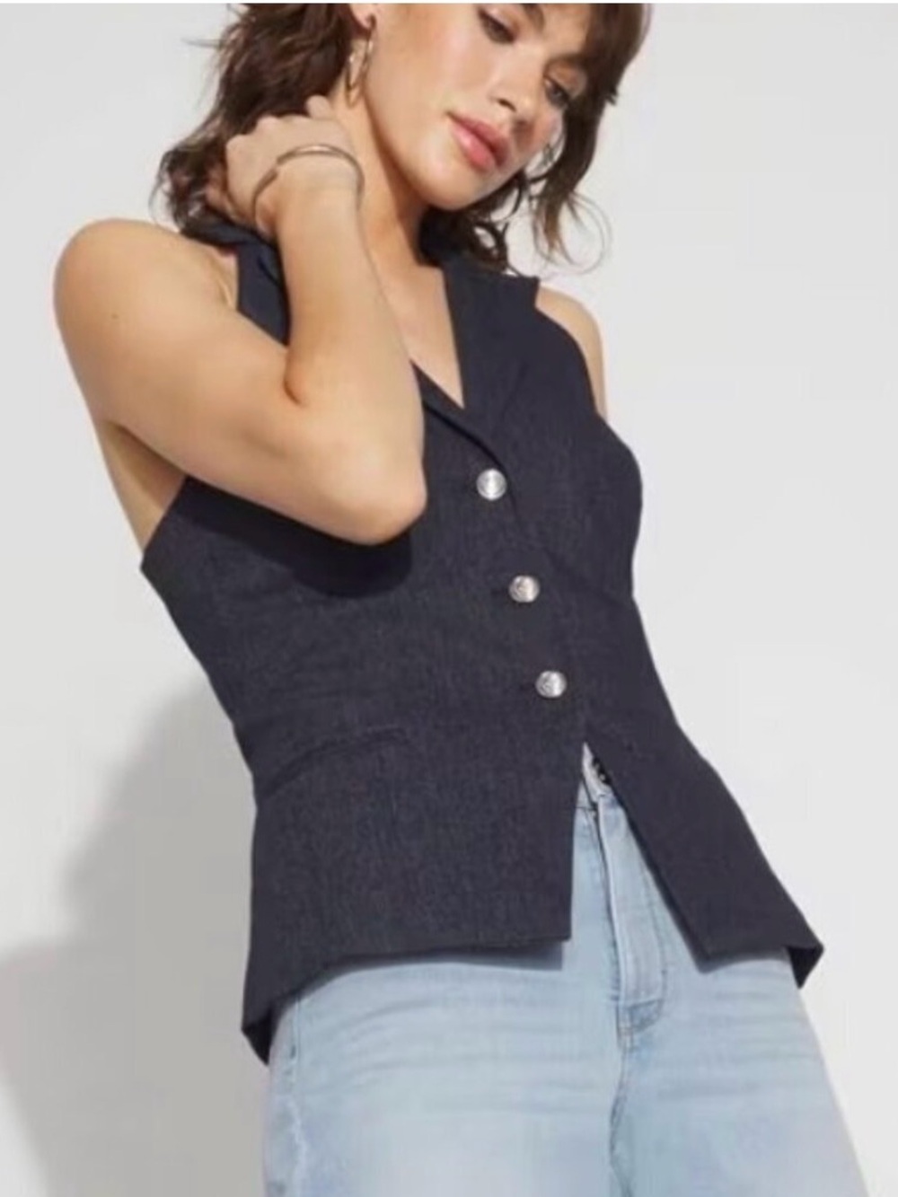 White House Black Market Navy Sleeveless Button-Front V-Neck Vest